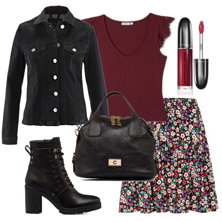 Outfit donna - La gonna a fiori. Stile Rock per Serata fuori. Abbinamento con gonne, blazer, rossetti, canottiere, borse a spalla, anfibi.