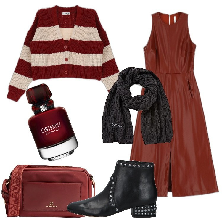 Outfit donna - Il vestito in ecopelle. Stile Trendy per Tutti i giorni. Abbinamento con stivaletti, borse a tracolla, profumi, cardigans, vestiti midi/longuette, sciarpe.