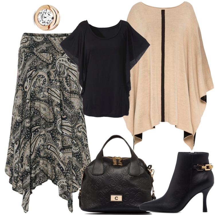 Outfit donna - Morbidi drappeggi per l\'ufficio. Stile Chic per Ufficio. Abbinamento con gonne longuette, maglieria, cappotti, stivaletti, borse a spalla, orecchini.