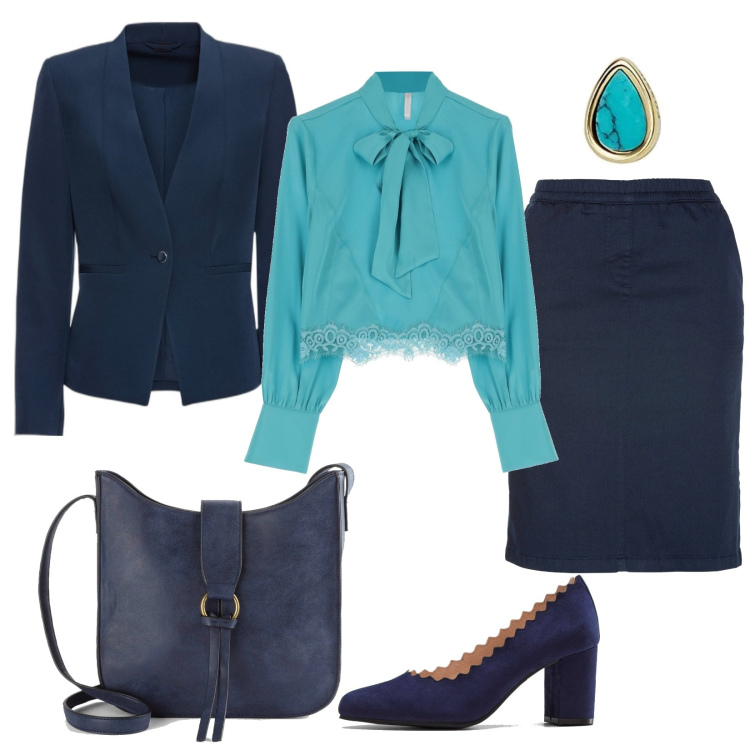 Outfit donna - A pranzo fuori. Stile Chic per Cerimonia. Abbinamento con blazer, borse a tracolla, décolleté, gonne, camicie, orecchini.