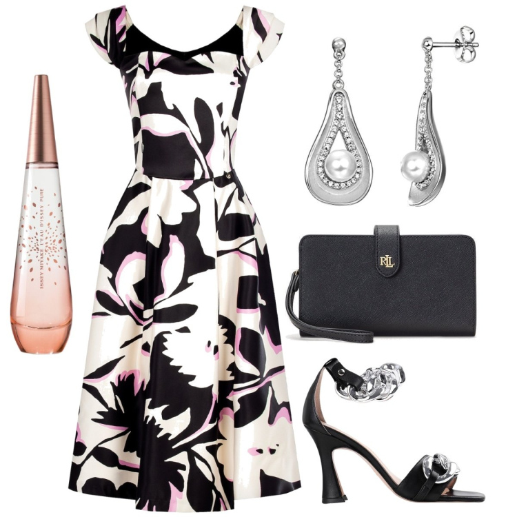Outfit donna - Un abito da cerimonia. Stile Bon Ton per Cerimonia. Abbinamento con sandali in pelle, profumi, vestiti midi/longuette, pochette, orecchini.