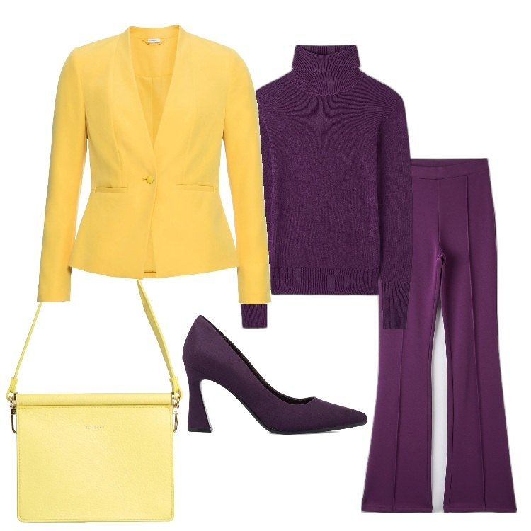 Outfit donna - Professionale con grinta. Stile Trendy per Ufficio. Abbinamento con blazer, borse a mano, maglieria, pantaloni, décolleté.