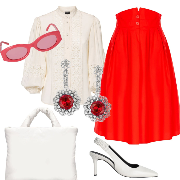 Outfit donna - La gonna rossa. Stile Glamour per Cerimonia. Abbinamento con décolleté, camicie, gonne, ciondoli, occhiali da sole, shopping bag.