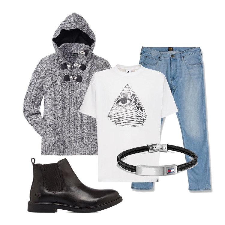 Outfit uomo - Total look #1719379. Stile Trendy per Tutti i giorni. Abbinamento con maglieria, stivali e stivaletti, jeans slim fit, braccialetti, t-shirt.