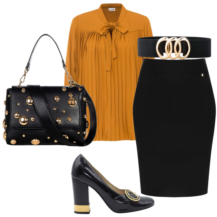 Outfit donna - Alla convention. Stile Chic per Ufficio. Abbinamento con cinture, bluse, décolleté, gonne, borse a spalla.