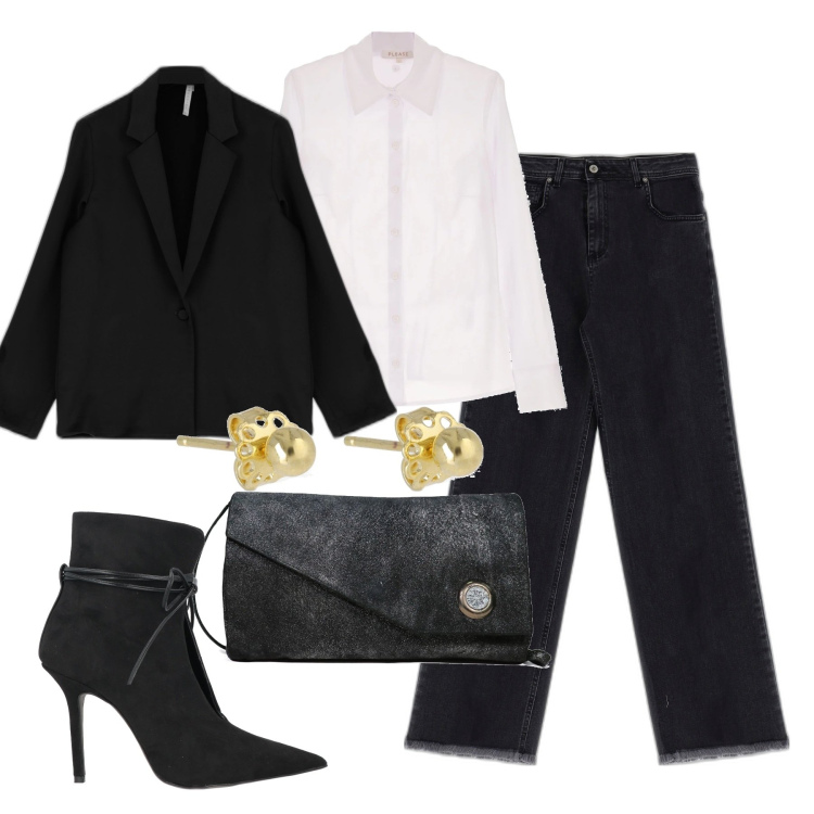 Outfit donna - Less is more. Stile Casual chic per Tutti i giorni. Abbinamento con stivaletti, borse a spalla, camicie, giacche, pantaloni a palazzo, orecchini.