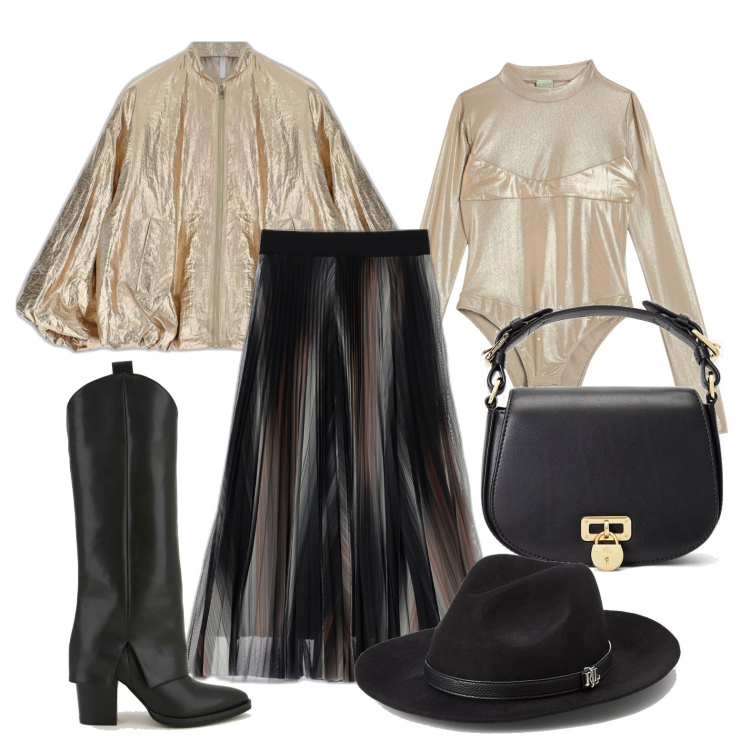 Outfit donna - Ghost outfitter - settembre. Stile Glamour per Serata fuori. Abbinamento con t-shirt, gonne longuette, blazer, stivali, borse a tracolla, sciarpe.