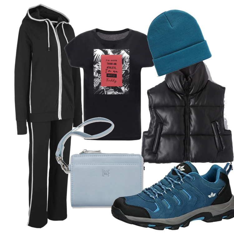 Outfit donna - Autunno in montagna. Stile Sporty chic per Sport. Abbinamento con tute sportive, piumini, berretti, t-shirt, portafogli, scarpe sportive.