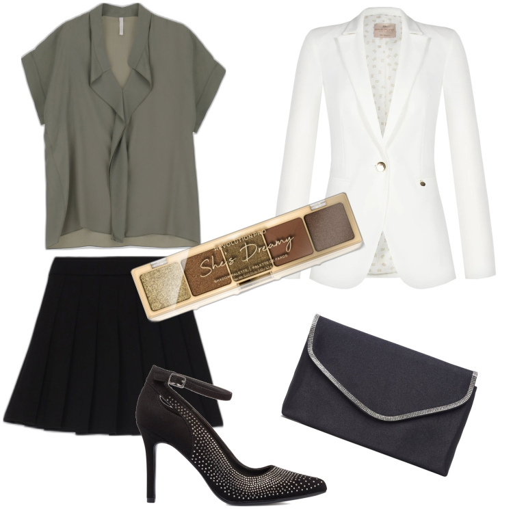 Outfit donna - Una serata. Stile Chic per Serata fuori. Abbinamento con ombretti, giacche, minigonne, bluse, clutch, décolleté.