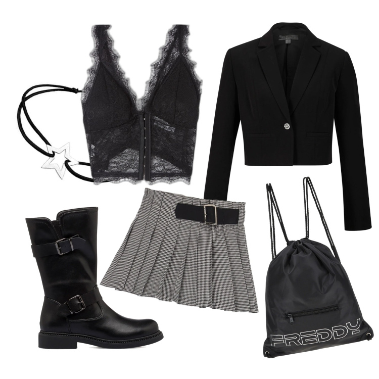 Outfit donna - Trendy Look. Stile Trendy per Tutti i giorni. Abbinamento con blazer, canottiere, zaini, stivaletti, minigonne, braccialetti.