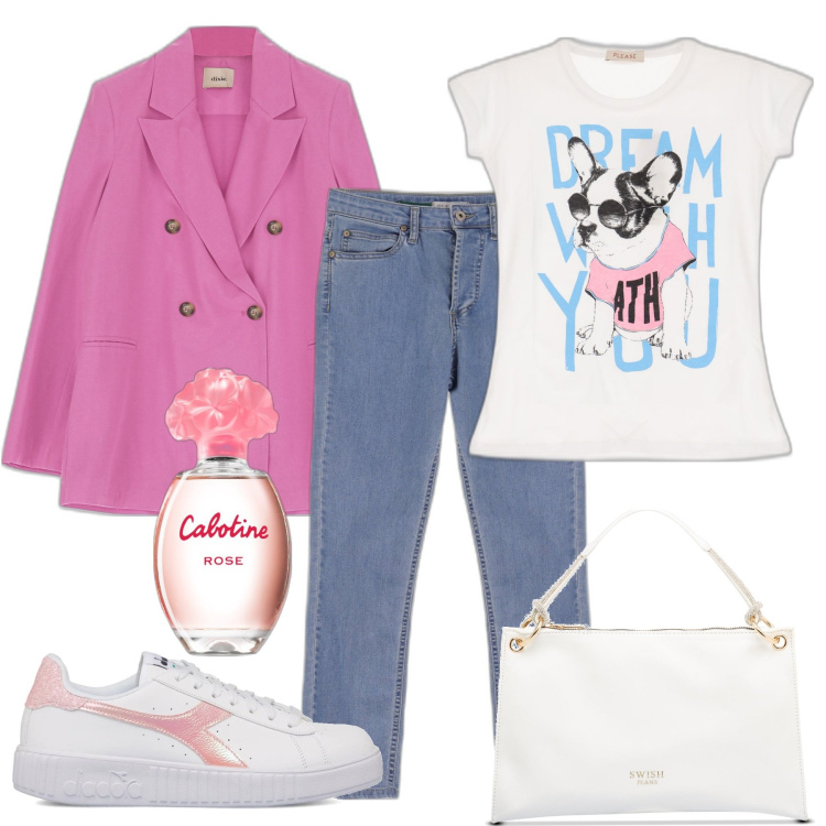 Outfit donna - La vita in rosa. Stile Basic per Ufficio. Abbinamento con profumi, jeans slim fit, t-shirt, giacche, borse a mano, sneakers.