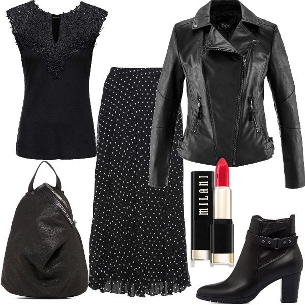 Outfit donna - Rock a pois curvy. Stile Rock per Tutti i giorni. Abbinamento con gonne, blazer, top, rossetti, stivaletti, zaini.