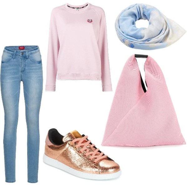 Outfit donna - Basic #15566. Stile Basic per Tutti i giorni. Abbinamento con jeans skinny blu, scarpe rosa, borsa a mano tote taglia unica rosa, maglia rosa, sciarpa blu.