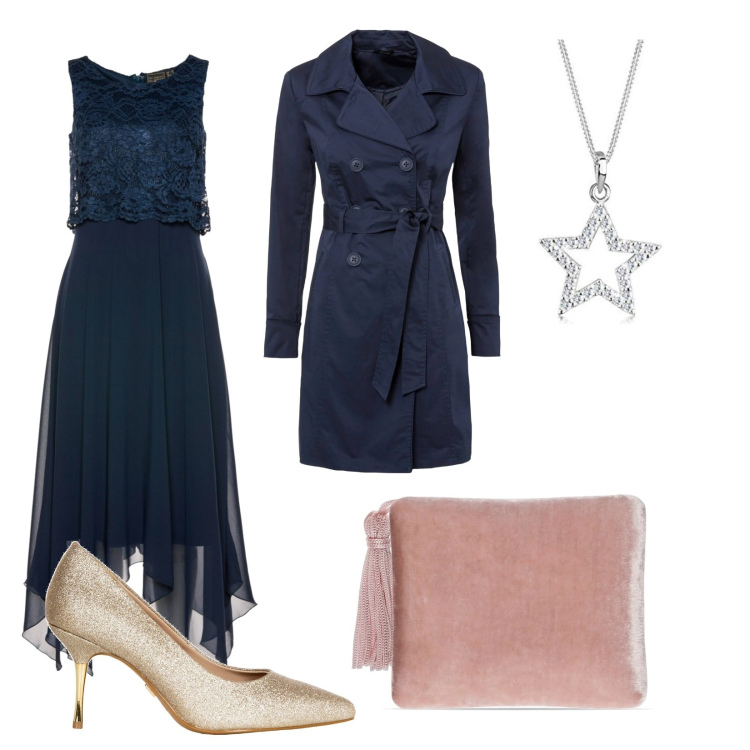 Outfit donna - Cerimonia d\'autunno ( donna curvy). Stile Glamour per Cerimonia. Abbinamento con vestiti midi/longuette, trench, décolleté, pochette, ciondoli.