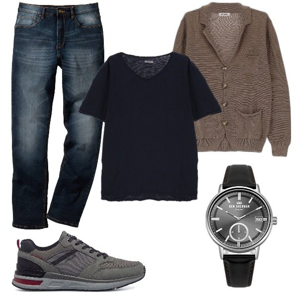Outfit uomo - Sneakers e Cardigan. Stile Casual per Tutti i giorni. Abbinamento con jeans dritti, cardigans, t-shirt, sneakers, orologi.