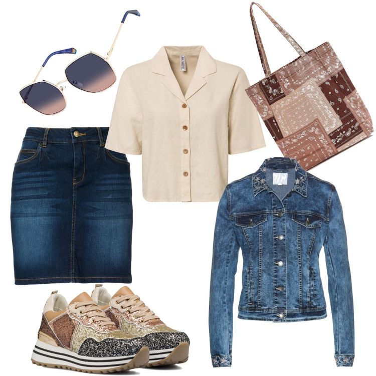 Outfit donna - Giornata piena di impegni. Stile Casual per Tutti i giorni. Abbinamento con gonne, camicie, blazer, shopping bag, sneakers, occhiali da sole.