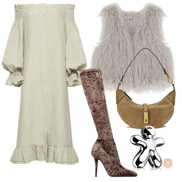 Outfit donna - Sere d\'autunno. Stile Glamour per Serata fuori. Abbinamento con stivali, profumi, gilet, borse a spalla, vestiti midi/longuette.