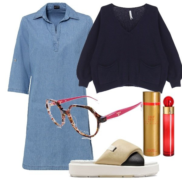 Outfit donna - A case. Stile Basic per Tutti i giorni. Abbinamento con vestiti, profumi, maglieria, occhiali, sandali.