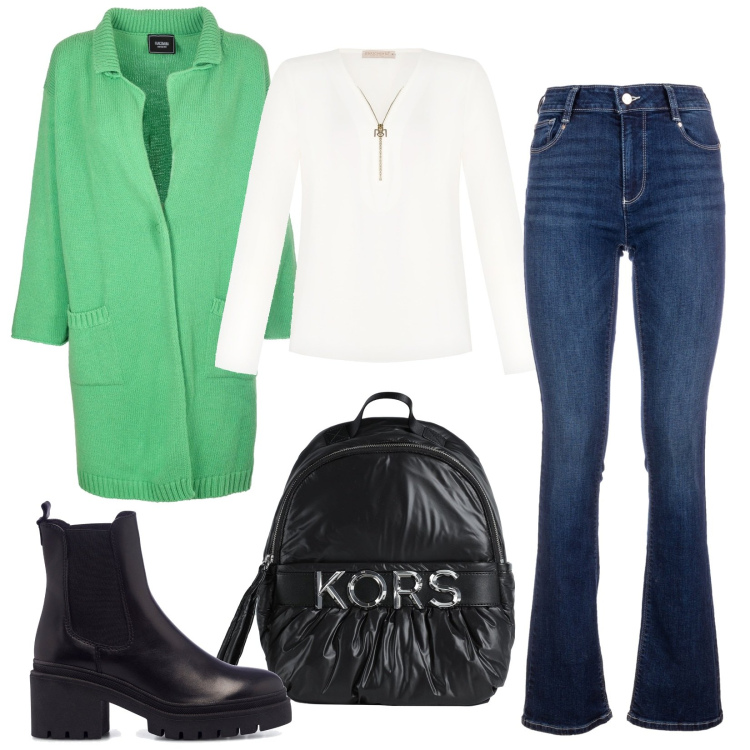 Outfit donna - Sere casual autunnali. Stile Casual per Serata fuori. Abbinamento con zaini, cardigans, jeans bootcut, stivaletti, bluse.