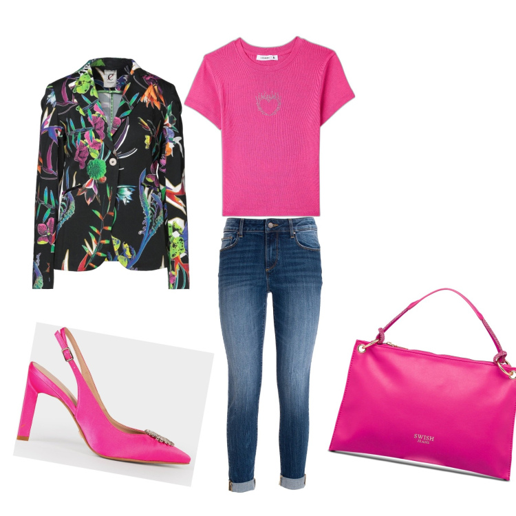 Outfit donna - Rose. Stile Casual chic per Tutti i giorni. Abbinamento con jeans, borse a mano, scarpe col tacco, blazer, t-shirt.
