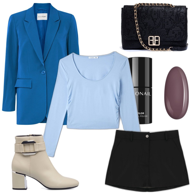 Outfit donna - Giornata al museo di storia naturale. Stile Casual chic per Tutti i giorni. Abbinamento con blazer, smalti, t-shirt, minigonne, clutch, stivaletti.