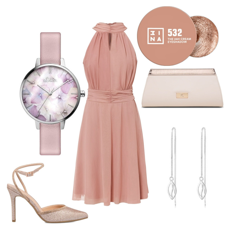Outfit donna - Watch that watch. Stile Chic per Tutti i giorni. Abbinamento con vestiti, ombretti, décolleté, clutch, orecchini, orologi analogici.