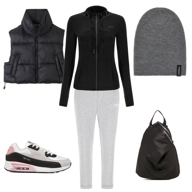 Outfit donna - Pomeriggio al parco. Stile Casual per Sport. Abbinamento con berretti, pantaloni, felpe, zaini, sneakers, piumini.