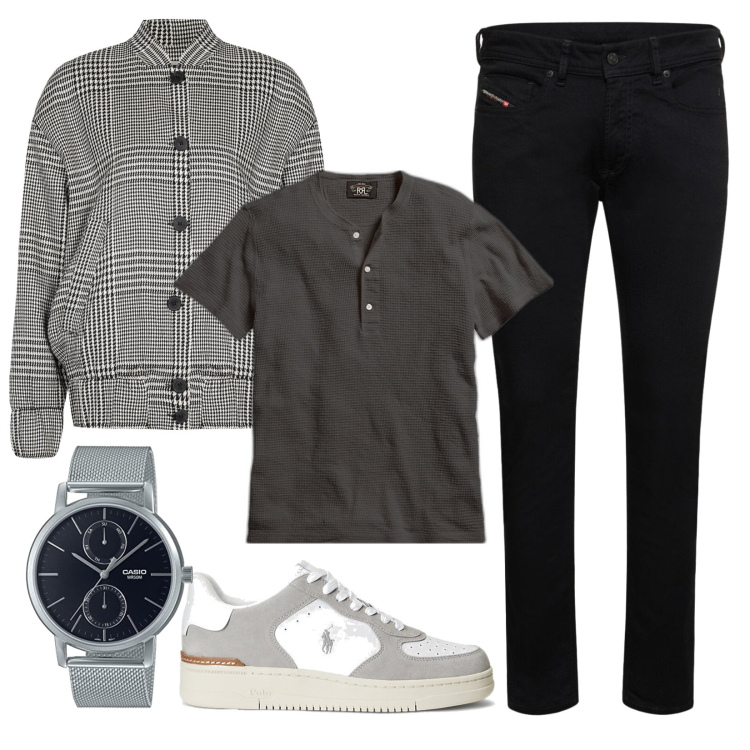 Outfit uomo - Settembre in grigio e nero. Stile Casual per Serata speciale. Abbinamento con bomber, t-shirt, sneakers, jeans skinny, orologi.