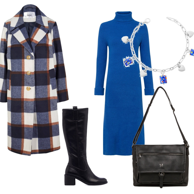 Outfit donna - Freddo con stile. Stile Casual chic per Tutti i giorni. Abbinamento con stivali, borse a tracolla, vestiti, cappotti, braccialetti.