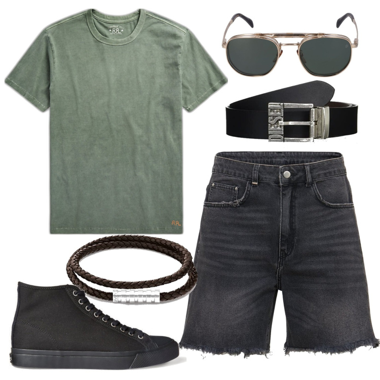 Outfit uomo - Il concerto. Stile Biker Rock per Serata speciale. Abbinamento con sneakers, t-shirt, shorts, cinture, braccialetti, occhiali da sole.
