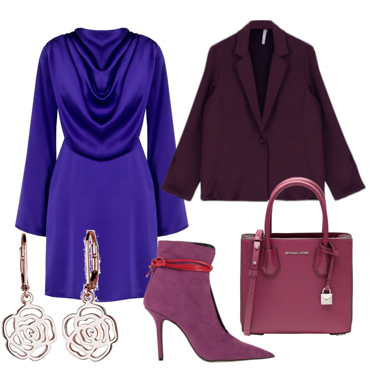 Outfit donna - Stasera esco. Stile Chic per Serata fuori. Abbinamento con stivaletti, borse a mano, vestiti corti, giacche, orecchini.