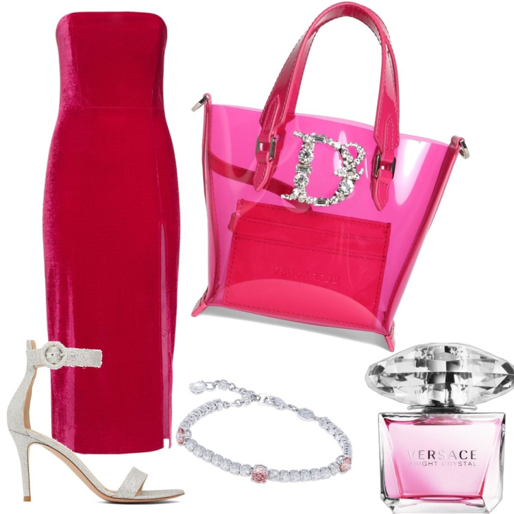 Outfit donna - Pink perfect. Stile Chic per Serata fuori. look ideale per Petite. Abbinamento con profumi, vestiti midi/longuette, sandali in pelle, shopping bag, braccialetti.