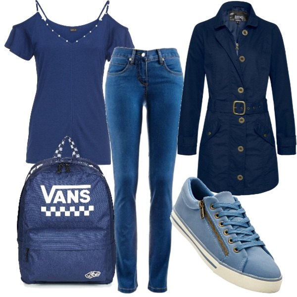 Outfit donna - Zainetto.. in prima linea. Stile Urban per Scuola/Università. Abbinamento con jeans dritti, trench con zip e tasche, sneakers, top con perle e spalle scoperte jersey blu, zaino sport blu.