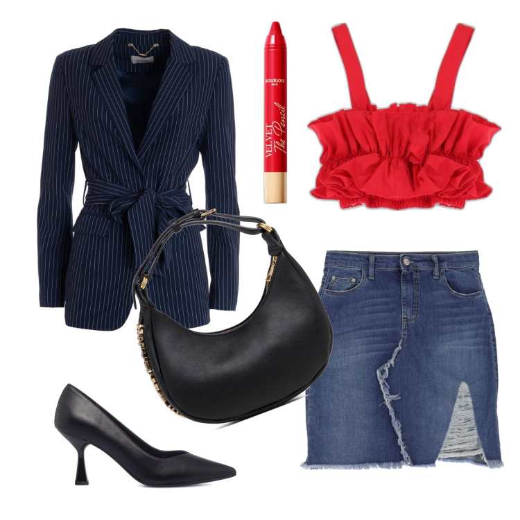 Outfit donna - Il dettaglio rosso. Stile Casual chic per Serata fuori. Abbinamento con rossetti, blazer, minigonne, top, borse a mano, décolleté.
