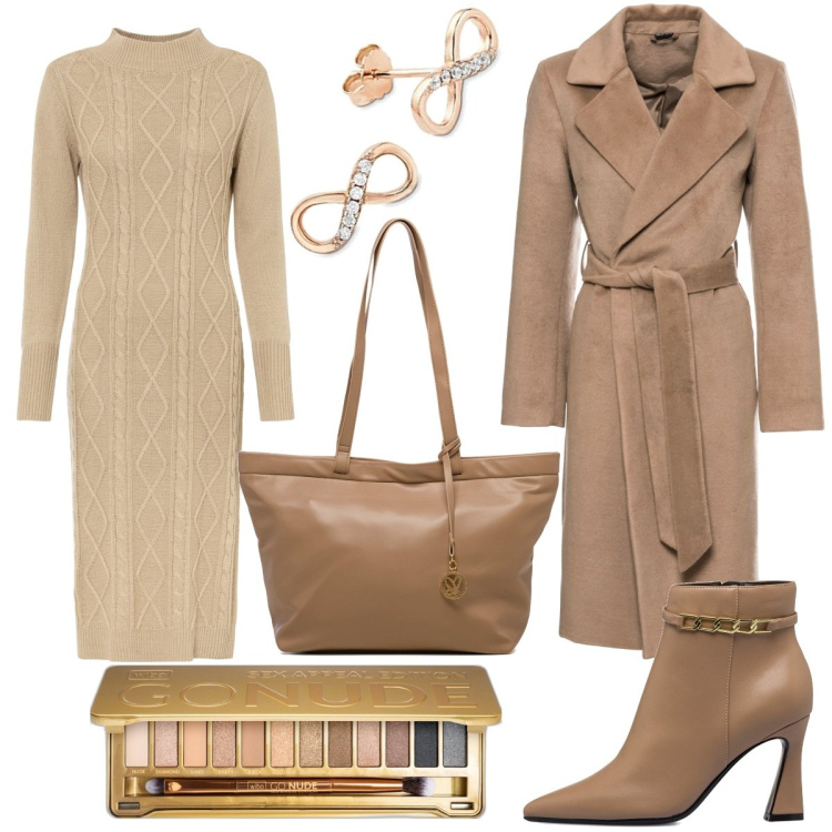 Outfit donna - Curvy. Stile Urban per Ufficio. Abbinamento con cappotti, vestiti, ombretti, stivaletti, borse a spalla, orecchini.