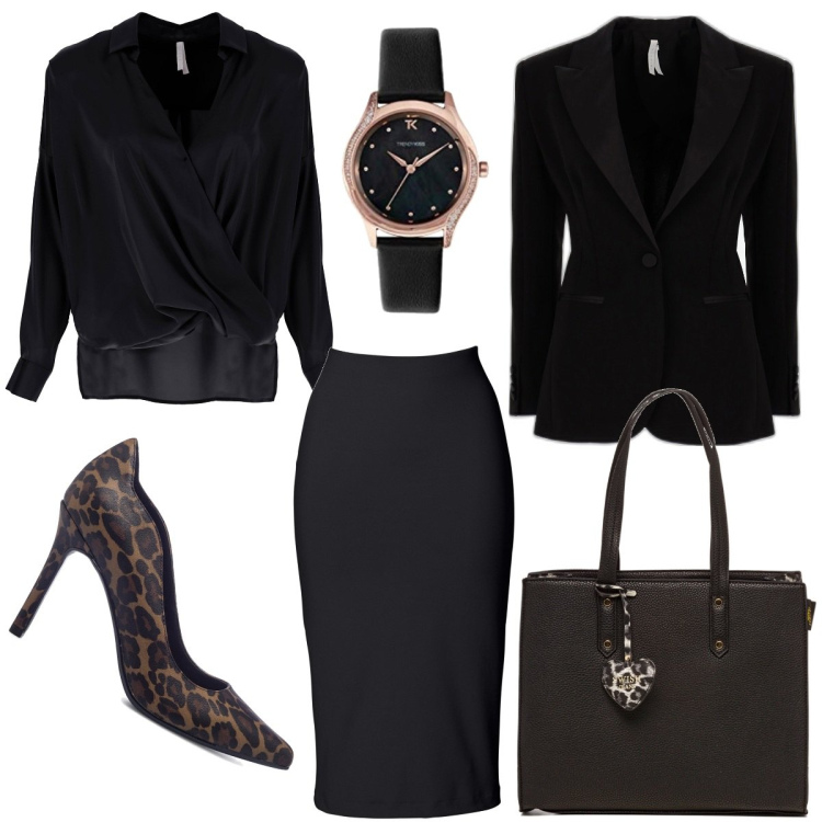 Outfit donna - Eleganza in ufficio. Stile Chic per Ufficio. Abbinamento con gonne longuette, camicie, giacche, borse a spalla, décolleté, orologi.