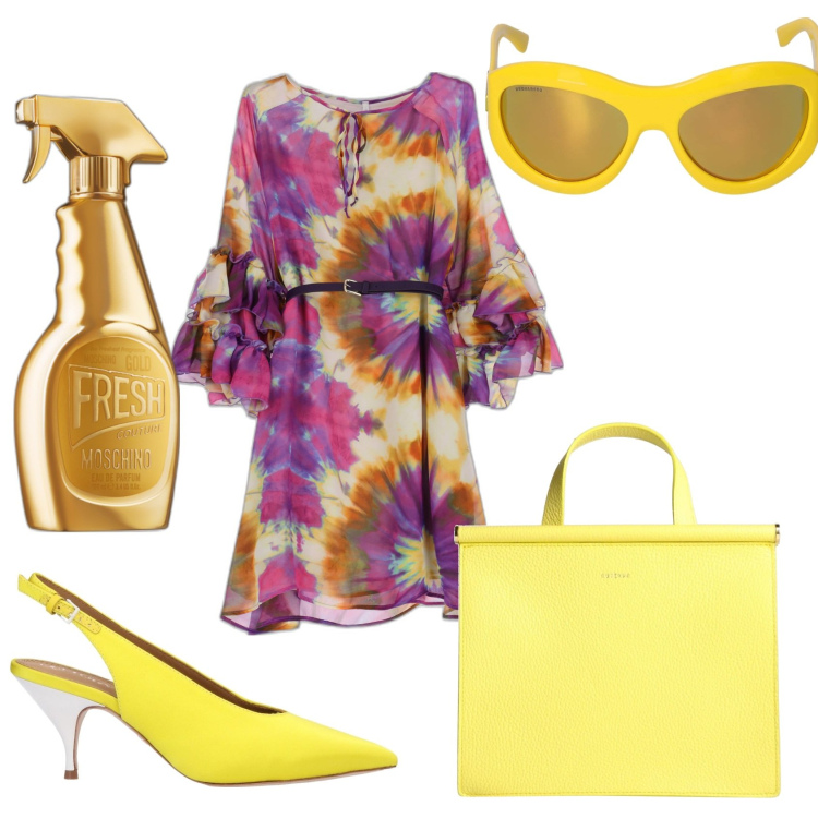 Outfit donna - Fiore di mezza stagione. Stile Casual chic per Tutti i giorni. Abbinamento con décolleté, borse a mano, profumi, vestiti corti, occhiali da sole.