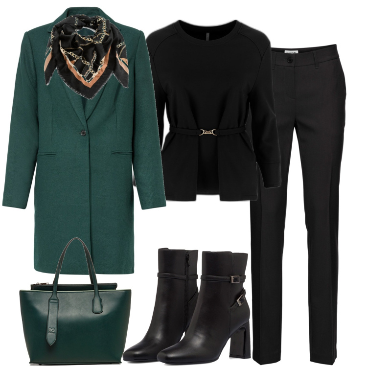 Outfit donna - In ufficio. Stile Casual chic per Ufficio. Abbinamento con pantaloni, cappotti, foulard, maglieria, borse a spalla, stivaletti.