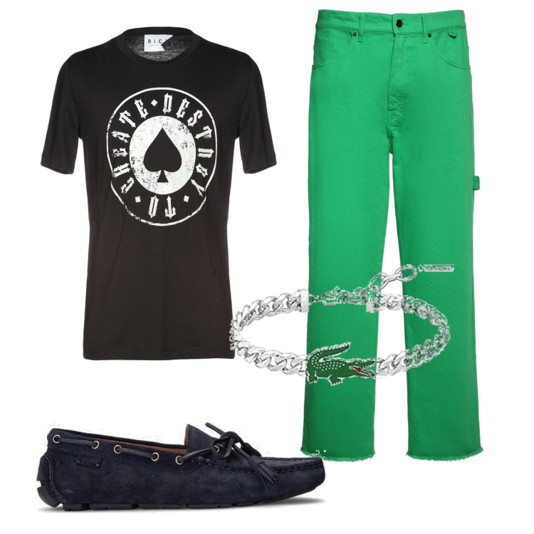 Outfit uomo - Asso di picche. Stile Casual per Tutti i giorni. Abbinamento con t-shirt, scarpe stringate, pantaloni, braccialetti.