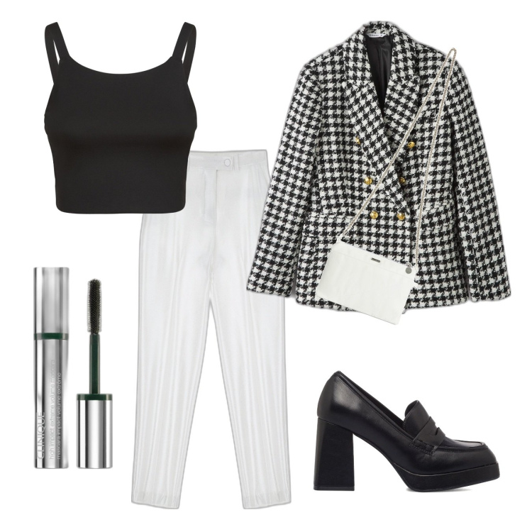 Outfit donna - Il blazer pied de poule. Stile Casual chic per Tutti i giorni. Abbinamento con mascara, blazer, pantaloni, clutch, mocassini, top.
