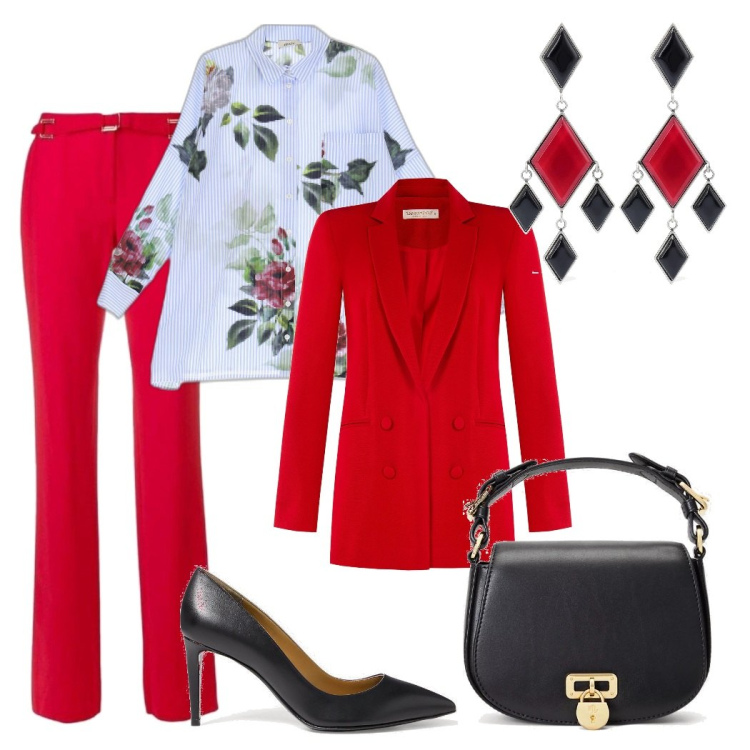 Outfit donna - Rosso. Stile Chic per Serata fuori. Abbinamento con pantaloni, cappotti, camicie, borse a tracolla, décolleté, orecchini.