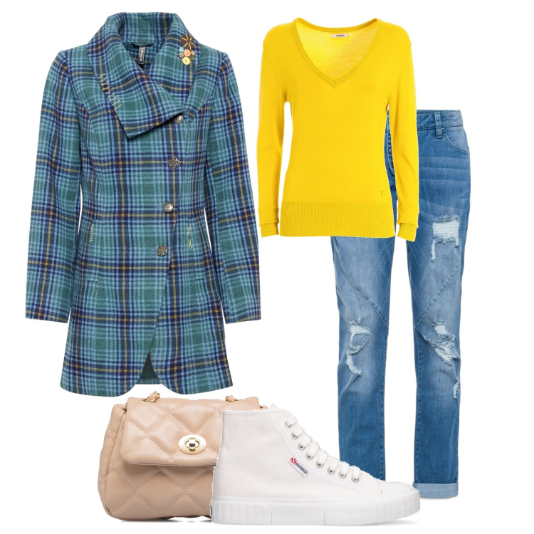 Outfit donna - Total look #1719849. Stile Trendy per Tutti i giorni. Abbinamento con jeans boyfriend, cappotti, maglieria, borse a tracolla, sneakers alte.