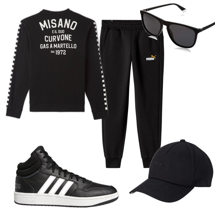 Outfit uomo - Nero in nero sportivo. Stile Casual per Tutti i giorni. Abbinamento con felpe, pantaloni, sneakers alte, occhiali da sole, cappelli con visiera.