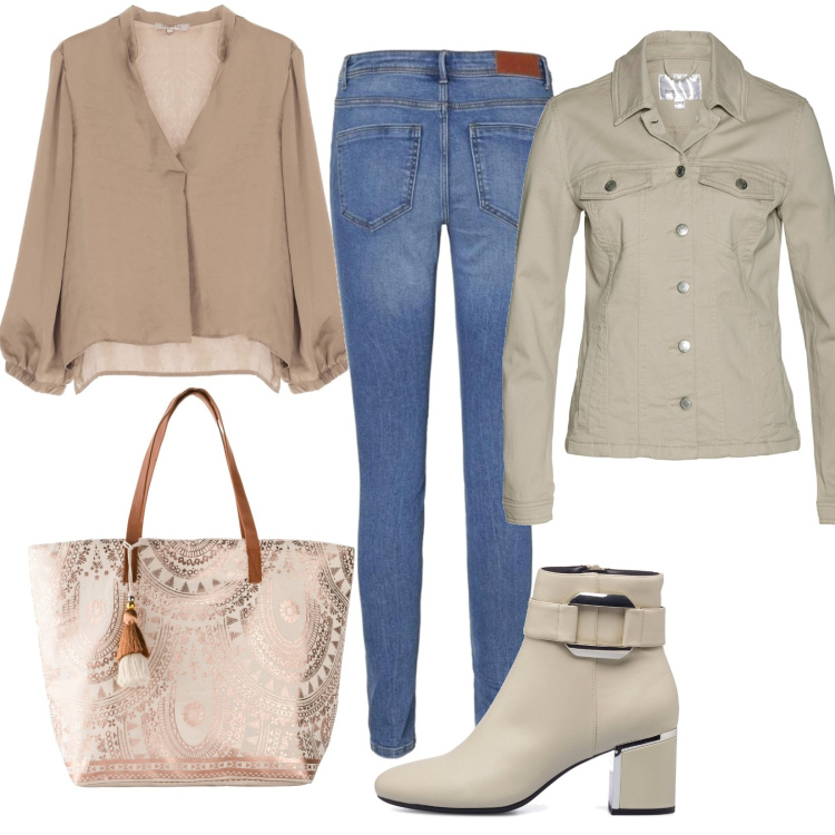Outfit donna - Una giornata con le amiche. Stile Casual per Tutti i giorni. Abbinamento con blazer, shopping bag, camicie, stivaletti, jeans skinny.