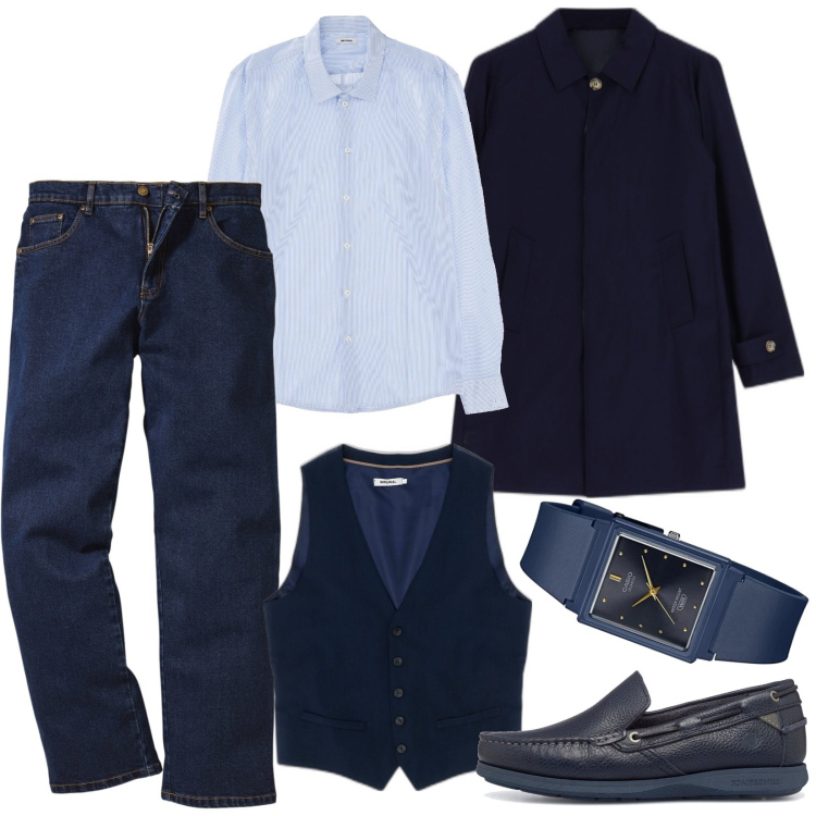 Outfit uomo - Colloquio di lavoro. Stile Trendy per Serata speciale. Abbinamento con jeans dritti, camicie, gilet, cappotti, scarpe stringate, orologi.