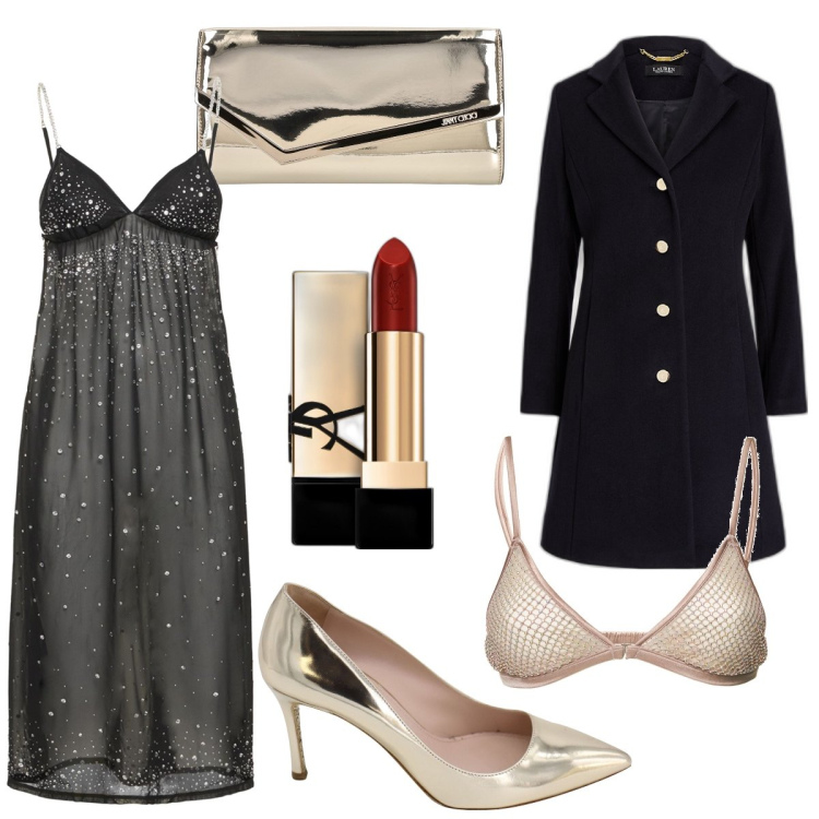 Outfit donna - Nero, oro…i tuoi occhi solo su di me. Stile Chic per Serata fuori. Abbinamento con rossetti, décolleté, cappotti, vestiti, reggiseni, pochette.