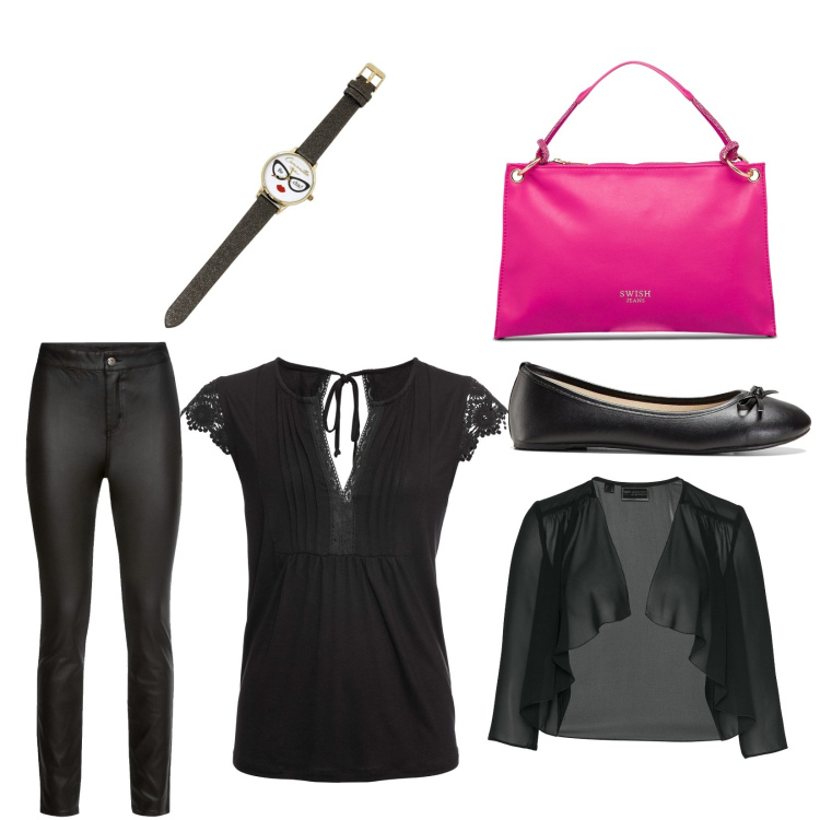 Outfit donna - Aperitivo. Stile Casual chic per Serata fuori. Abbinamento con ballerine, bolero, maglieria, pantaloni, borse a mano, orologi.