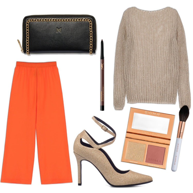 Outfit donna - Primo appuntamento. Stile Casual chic per Serata fuori. Abbinamento con eyeliner, blush, maglieria, pantaloni a palazzo, décolleté, portafogli.