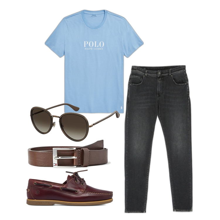 Outfit uomo - Ghost outfitter - settembre. Stile Casual per Tutti i giorni. Abbinamento con jeans, t-shirt, scarpe stringate, occhiali da sole, cinture.