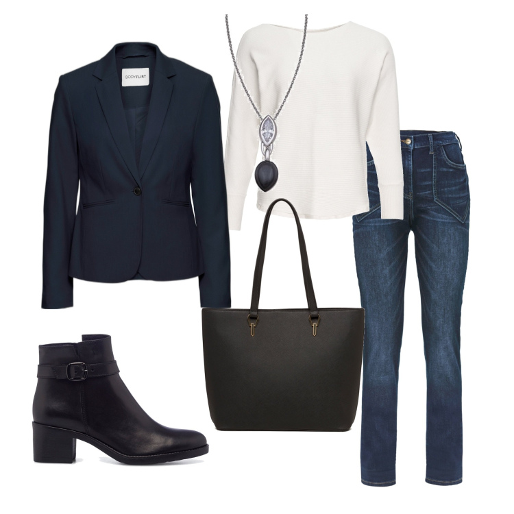 Outfit donna - Jeans style. Stile Casual per Tutti i giorni. look ideale per Tall. Abbinamento con maglieria, jeans dritti, blazer, stivaletti, borse a spalla, collane.